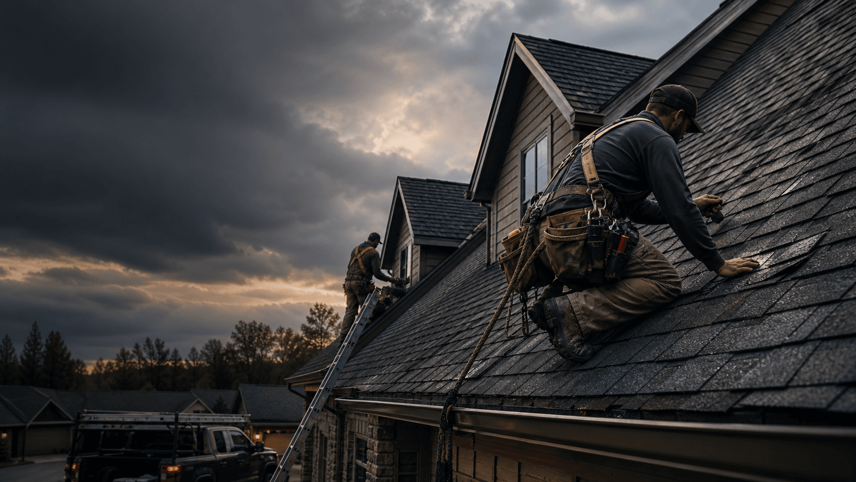 Roofing crew inspecting a shingle roof before storm repair